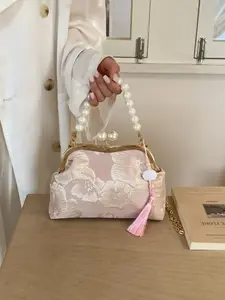 Women's New Traditional Crossbody Bag, Elegant All-Over Print, Pearl Handle, Fringe Pendant, Chain Strap, Suitable for Hanfu, Weddings, Special Occasions