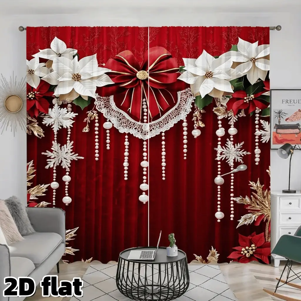 2D Flat 2Pcs Christmas Poinsettia Pearl Curtains Red Snowflake Pattern Rod Pocket Semi Sheer Polyester Holiday Theme Decorative Window Treatment Suitable for Living Room Bedroom Festival Home Decor Gift Privacy Protection Home Decoration Curtain