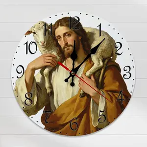 The Good Shepherd Jesus Wood Quartz Wall Clock - Religious Christian Silent Non-Ticking Decor, 10/11/12-Inch for Room Home Supplies