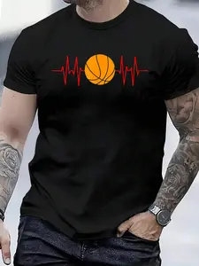 100% Cotton Basketball Valentine Heartbeat with heart Valentine's Day T-Shirt Women's Men's Graphic Tee Crew Neck summer vacation Tops