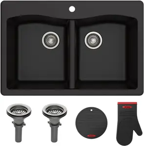 KRAUS Forteza 33-inch Drop in/Undermount 50/50 Double Bowl Granite Kitchen Sink in Black, KGD-52BLACK