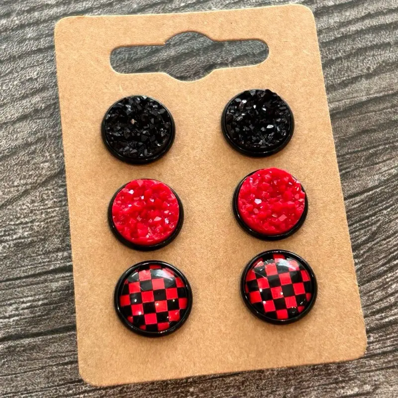 Women’s Checkered Druzy Stud Earrings Set - 12mm Red & Black Set of 3