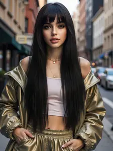 Women's Long Straight Wig with Bangs, Synthetic Fiber, Heat Resistant, Natural Look, Perfect for Halloween & Carnival