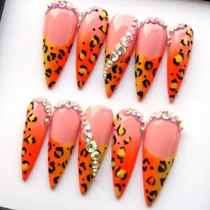 Neon Leopard Press On Nails | Orange French Tip Nail Art | Rhinestone Glam Nails | Handmade Fake Nails | Y2K Cheetah Nail