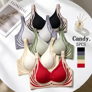 5-piece set of women’s colored, patchwork-style bras with adjustable straps. These bras are soft, comfortable, and breathable. Ideal for all seasons. Women’s underwear.