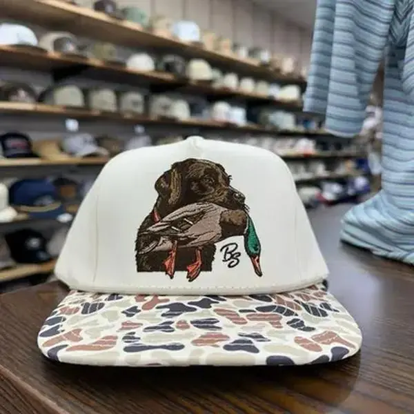 Chocolate Lab and Mallard Rope Hat Outdoor Cap with Embroidered Dog and Duck Design