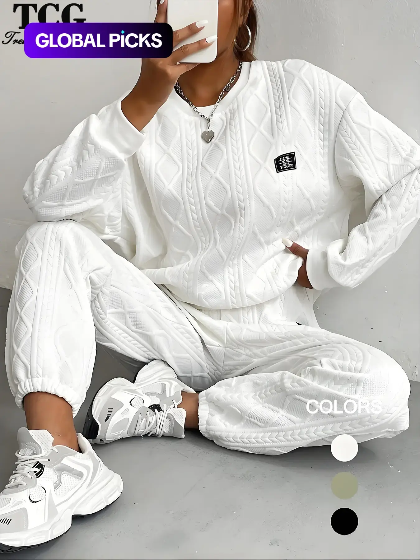 Women's Textured Letter Patched Drop Shoulder Sweatshirt & Elastic Waist Sweatpants Two-piece Set, Womenswear, Casual Cozy Round Neck Long Sleeve Pullover & Trousers for Daily Wear, Women's Two-piece Outfits for Fall & Winter