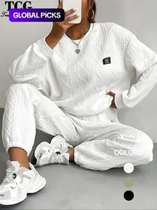 Women's Textured Letter Patched Drop Shoulder Sweatshirt & Elastic Waist Sweatpants Two-piece Set, Casual Fashion Cozy Round Neck Long Sleeve Pullover & Trousers for Daily Wear, Women's Two-piece Outfits for Fall & Winter, Casual Matching Set