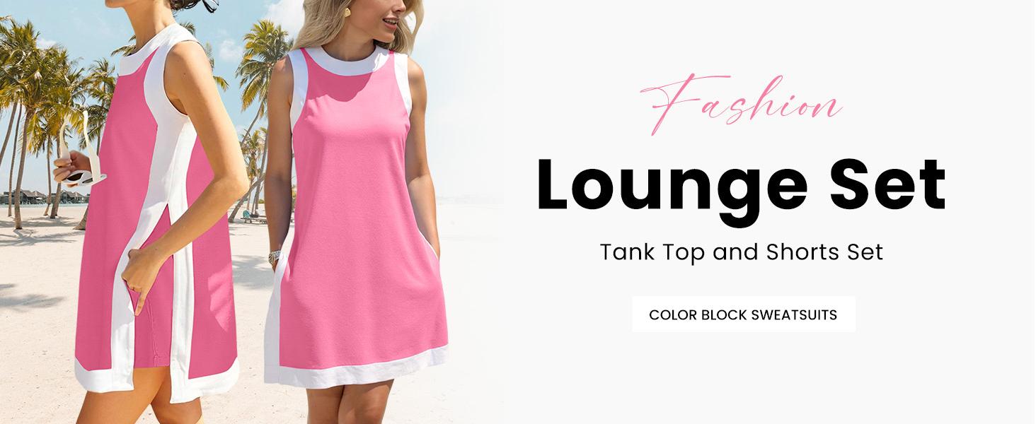 Yeokou Women's 2 Piece Outfits Sets Casual Color Block Crewneck Short Sleeveless Pullover Tops Matching Shorts with Pockets Womenswear Lightweight