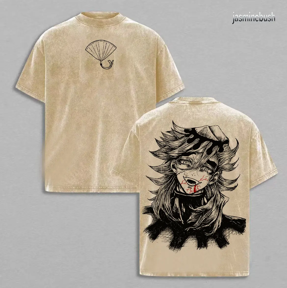 Douma Upper Rank 2 Demon Slayer T-Shirt Acid Wash Vintage Oversize Heavy Cotton Unisex Anime Manga T-Shirt Washed Retro Villain Graphic Tee Creepy Cult Dark Streetwear