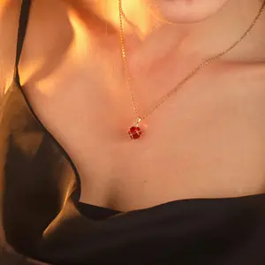 Red CZ Cage Pendant Necklace Gold-Tone Luxury Jewelry Gift for Her Valentine's Day Christmas Mother's Day Timeless Red Gemstone Halo Elegant Design Versatile Jewelry