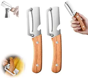 Wooden-Handled Stainless Steel Sharp Peeler with Built-In Bottle Opener for Fruits & Vegetables Ergonomic Non-Slip Handle Long-Lasting Construction Essential Kitchen Tool, 2Pcs, Pineapple