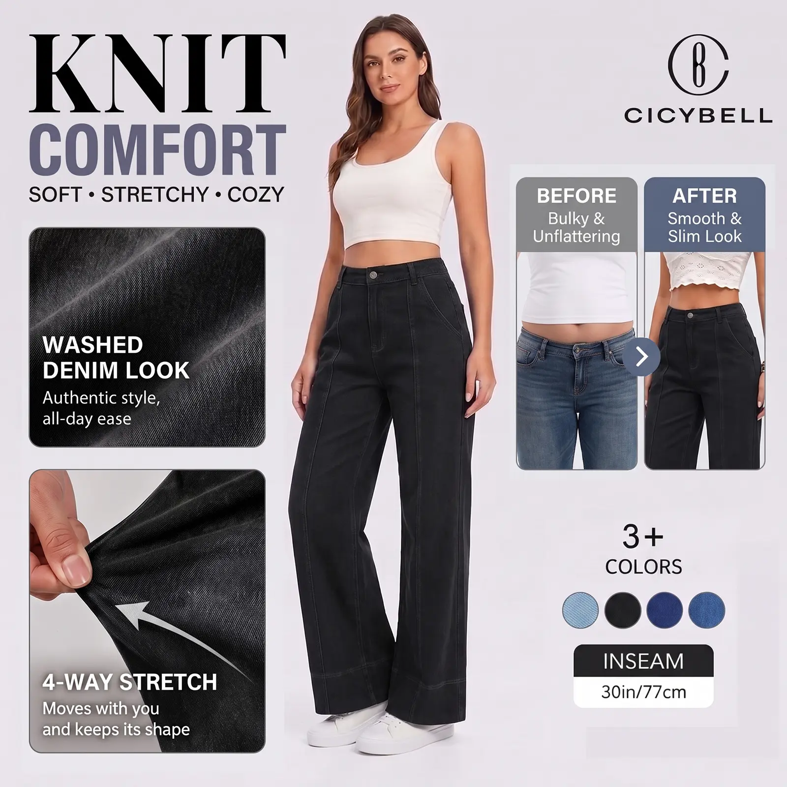 Cicy Bell Women High Waist Seam Detail Wide Leg Jeans Classic Button Zip Loose Denim Flare Pants with Pockets Trouser