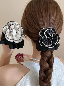 Elegant Camellia Hair Scrunchies Set, 2-Pack & High Elasticity Rose Design, Floral Pattern, Stylish Hair Accessories for Women