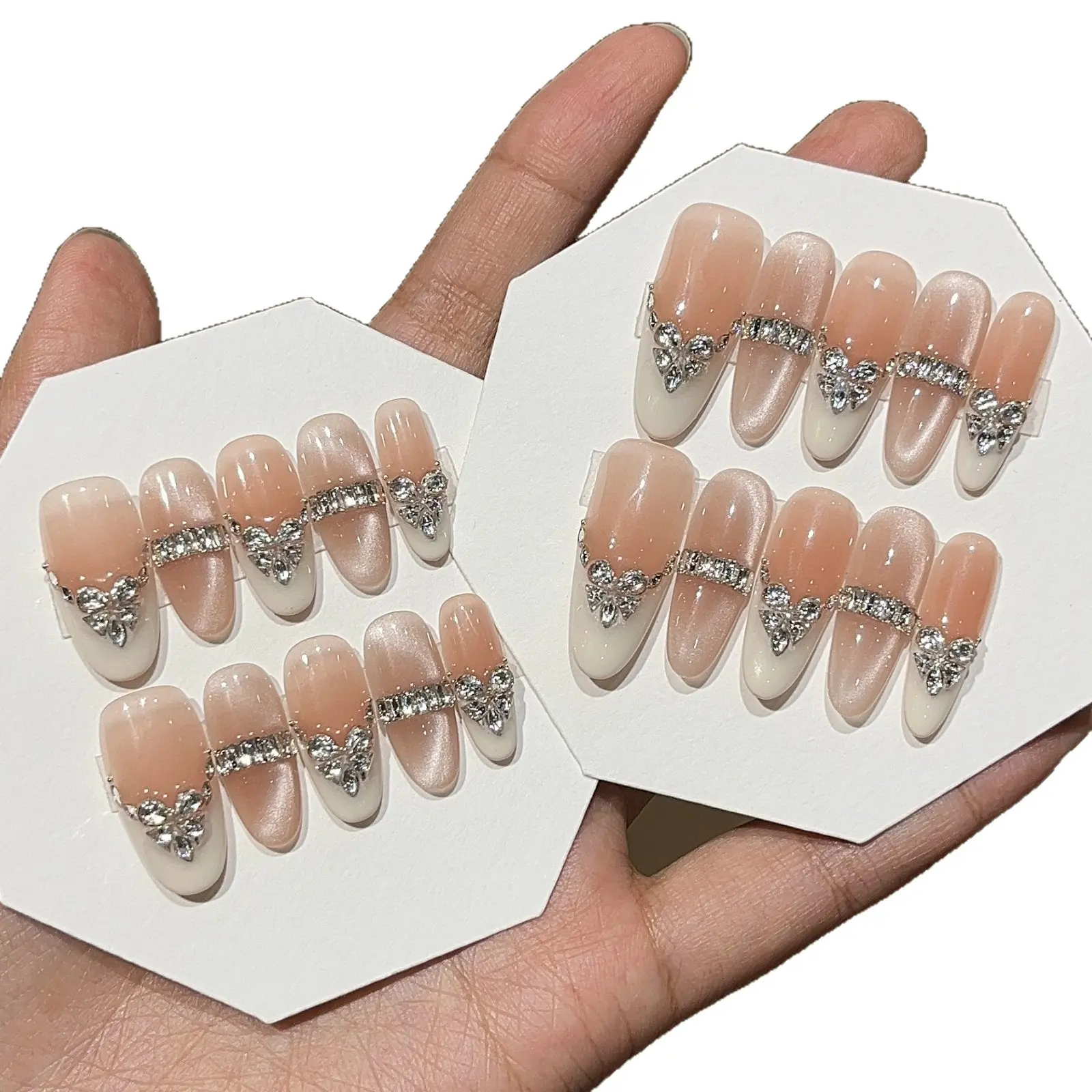 Yzg-2287 Medium Ellipse Press-On Nails Kit, Elegant Long Acrylic Set with Handcrafted Zircon Chain, High-Gloss Gradient Halo Finish, Reusable Multi-Size, Unisex Fashion Nail Art Accessory, Beauty Products