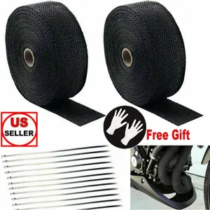Black Fiberglass Exhaust Heat Wrap Rolls (2 Pack, 2"x50'/5cmx15m Each), Insulating Heat Shield Tape with 24 Stainless Steel Ties for Motorcycles, Cars