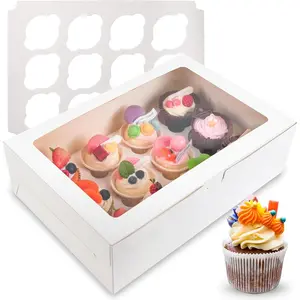 6 Pack Cupcake Boxes, 12 Count Cupcake Containers with Window and Cardborad, Food Grade Cupcake Carrier For Muffins Cupcakes Desserts (White 13.8×9.5×4 In)