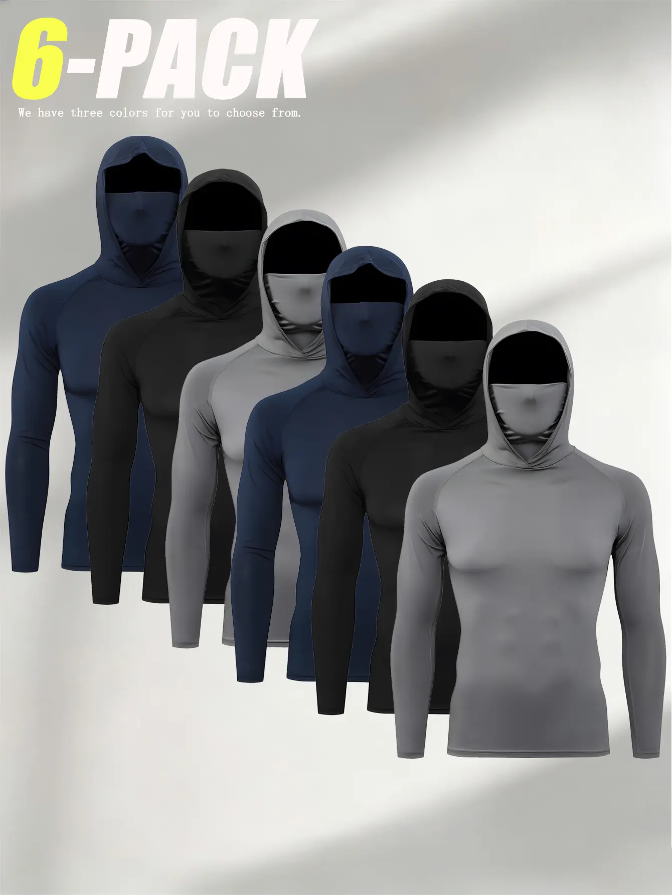 6‑Pack Men's Balaclava Hooded Compression Long Sleeve Shirts, Built‑in Face Mask Quick Dry Stretchy Athletic Sun Protection Shirts for Fishing Cycling Running Gym, School Opening Season
