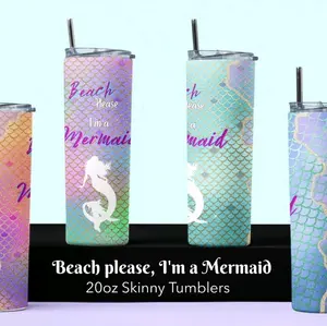 Beach Please, I'm a mermaid - 20oz Skinny Tumblers with lid & 2 straws Stainless Steel Water Bottles Portable Washable Mug Drinkware