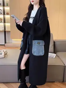Women's Vintage Denim Patchwork Cardigan Sweater, Long over Knee Knit Coat, Fall Winter Fashion, Casual Style, Warm & Stylish Outerwear