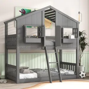 Bellemave  Twin over Twin House Bunk Bed with Roof , Window, Window Box, Door , with Safety Guardrails and Ladder