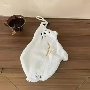 Cute Polar Bear Hanging Hand Towel, Soft Coral Fleece, Ultra Absorbent, Hangable, Cartoon Design, Kitchen & Bathroom Decor, Soft Washcloth, Decorative Towels