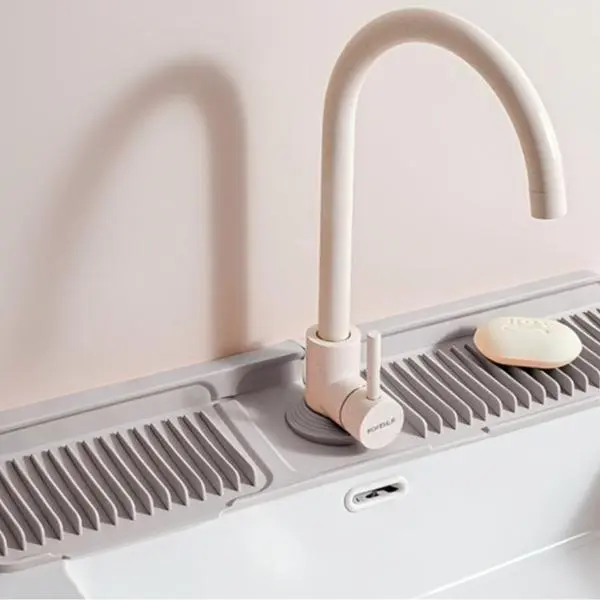 24-Inch Rectangle Food-Grade Silicone Sink Splash Guard - Adjustable, Anti-Slip, Fasten Button Design, 90° Fold to Wall Foldable Water Draining Mat for Kitchen Counter Protection, Gray, Bathroom Use