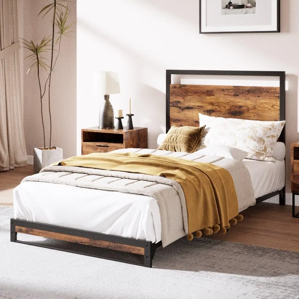 Retro Industrial Wooden Bed Frame - Twin Size, Rustic Brown Wood Headboard & Footboard, 6-Inch High, Underbed Storage Space, Silent, No Box Spring Needed, Easy Assembly Required, Heavy-Duty Structure, Durable for Home Bedrooms