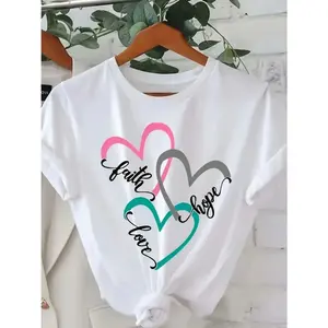 Faith Hope Love Heart Graphic T-Shirt, Women's Casual Crew Neck Short Sleeve Top, Inspirational Religious Tee with Pink Grey Teal Hearts, Soft Cotton Blend, Comfortable Daily Wear & Christian Gift