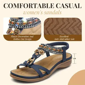 Women's Bohemian Summer Sandals - Navy Blue Braided Flat Beach Shoes with Arch Support, Comfortable Casual Walking Sandals for Outdoor Events, Ladies Sandals