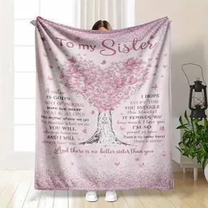 To My Sister Flannel Blanket Soft Warm Cozy Throw with Pink Heart Tree and Butterfly Print Perfect for Relaxation Napping and Decor Ideal Gift for Birthdays Anniversaries or Travel