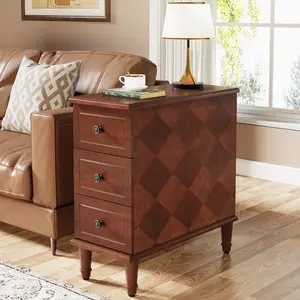 Tribesigns Solid Wood End Table, Fully Assembled Narrow Side Table with Drawers, Pre-Assembled Nightstand Slim Bedside Table for Small Spaces, Living Room, Bedroom, Brown Storage Square Patterns