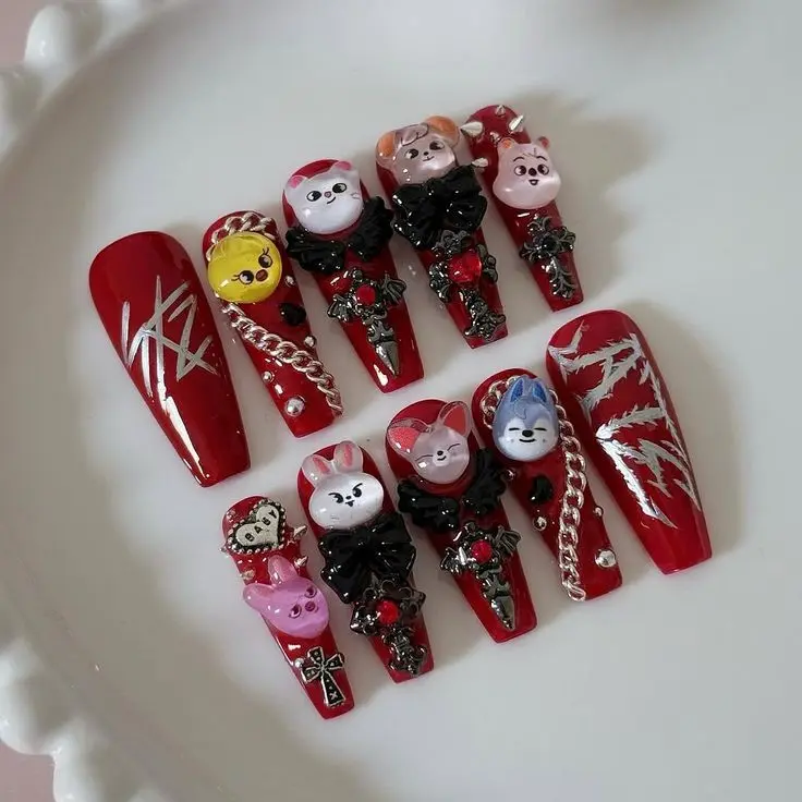 Handmade Stray Kid SKZOO Press On Nails | Gothic Red 3D Character Chrome Cross Y2K Punk Fake Nails with FREE Adhesive Tabs FREE Nail File FREE Cuticle Stick
