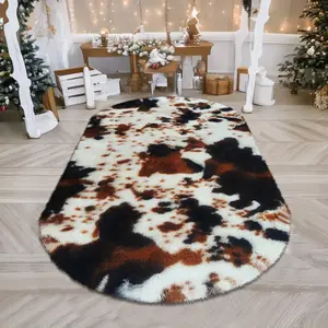 1pc Factory-Direct Xmas Gift Oval Faux-Rabbit Fur Cow-Print Accent Rug｜Ultra-Soft Quick-Absorb Non-Slip for Bedside-Sofa-Living-Study, Multi-Size Machine-Wash, Decorative Fluffy Rug