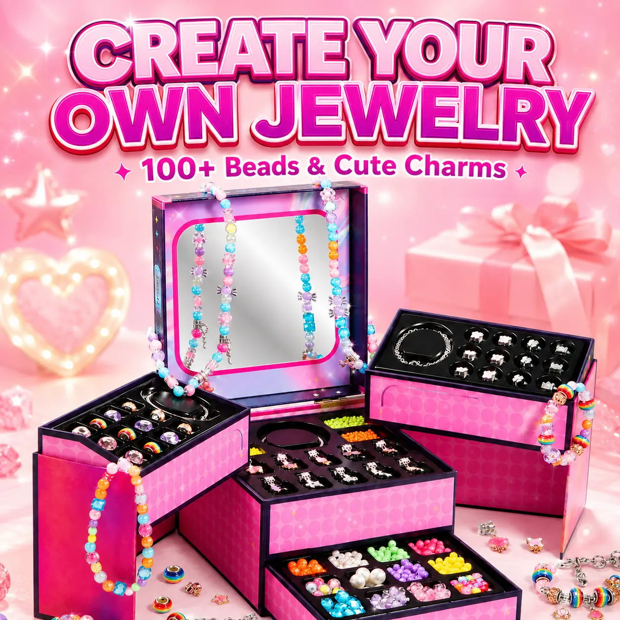 DIY Jewelry Making Kit Craft Set for Girls, Beaded Charm Bracelet and Necklace Kit with Colorful Beads, Pendants and Portable Storage Box, Creative Halloween Craft Activity, Friendship Jewelry Toy for Kids, Birthday Christmas Halloween Holiday Gift