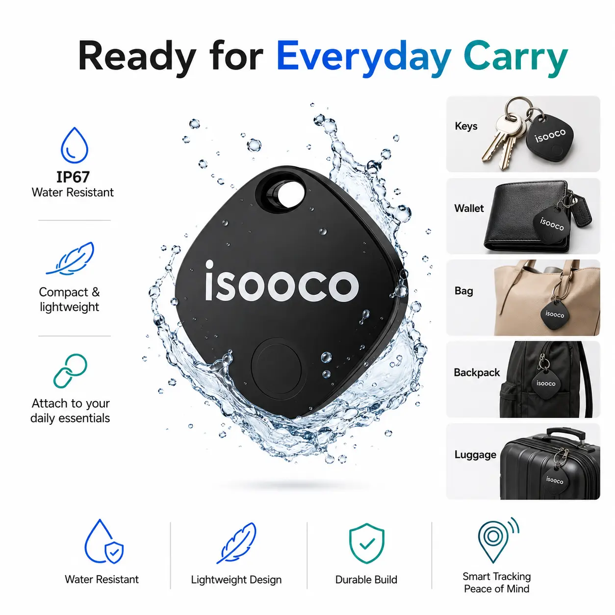 ISOOCO Key Finder Bluetooth Tracker, Smart Item Locator for Keys, Bags, Luggage & Backpacks, Compatible with Apple Find My or Google Find Hub, iOS or Android Options, IP67 Waterproof, Loud Alert, Replaceable CR2032 Battery, Keychain Tracker, Anti-Lost Tag