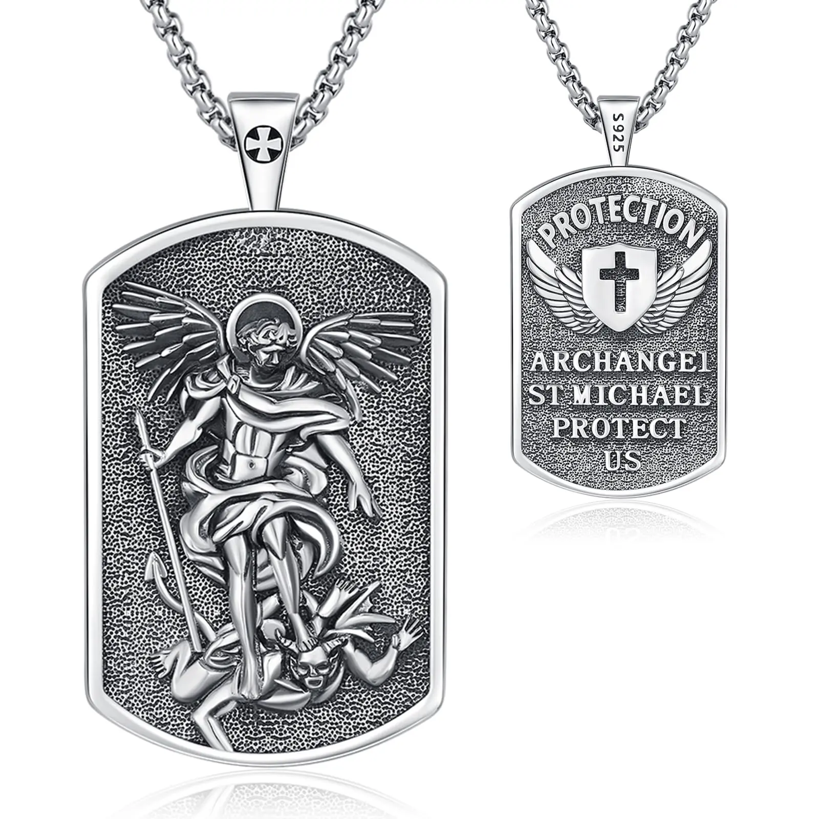 DRINSPER Pendant Necklace, 925 Sterling Silver St Michael Spiritual Pendant for Adults, Religious Jewelry with 22"+2" Adjustable Fine Chain, Statement Religious Necklace, Faith Style Necklaces