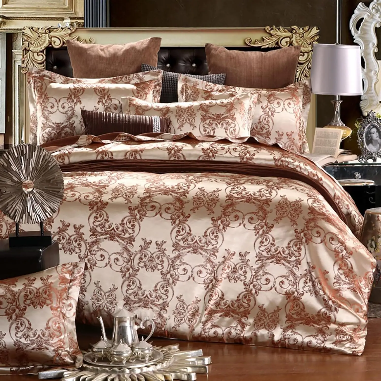 King Size European Luxury Embroidery 3-Piece Duvet Cover Set, Soft Comfortable Lightweight Golden Brown Bed Set, Classic Glam Traditional All-Seasons Bedding Collection (No Insert)