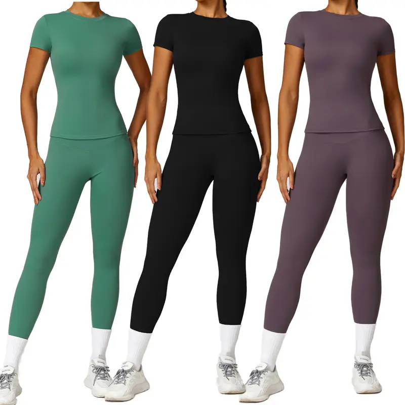 Women's 2-Piece Activewear Set - Fitted Crew Neck Short Sleeve T-Shirt, High Waist Stretch Gym Pants, Stretchable Casual Activewear, Sporty Breathable Athleisure Outfits, Gym Sets for Women