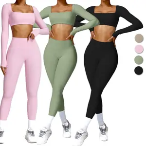 2 Piece Workout Sets For Women Long Sleeve Crop Tops High Waist Leggings Gym Sets (add 1 size)