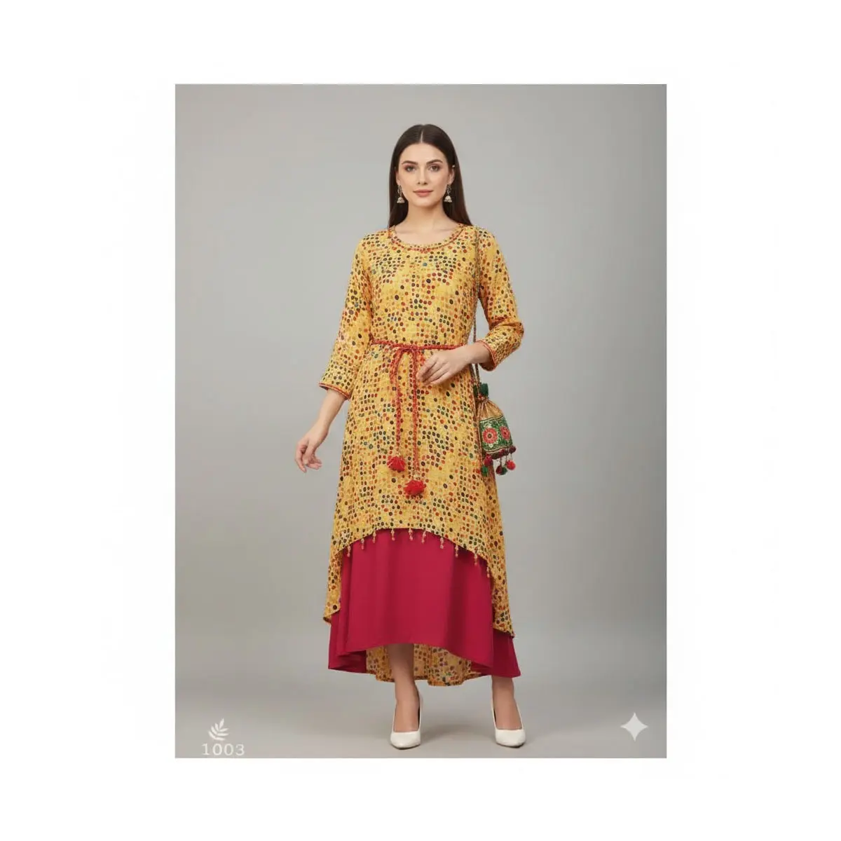 #DOT-5 Multi-Color Dot Asymmetrical Kurti with Magenta Layer | Festive Indo‑Western Set