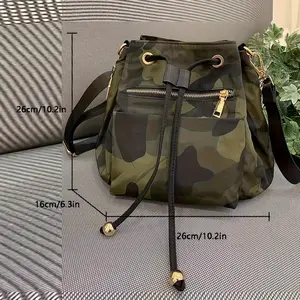 Tactical Nylon Messenger Bag - Black Camouflage Pattern, Drawstring Closure, Polyester Lined, Painted Edges, Casual Travel Shoulder Bag