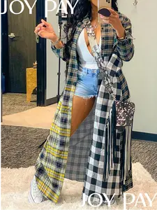 Women's Patchwork Plaid Longline Shirt Colorblock Button Down Duster Jacket for Streetwear Looks Casual Clothes