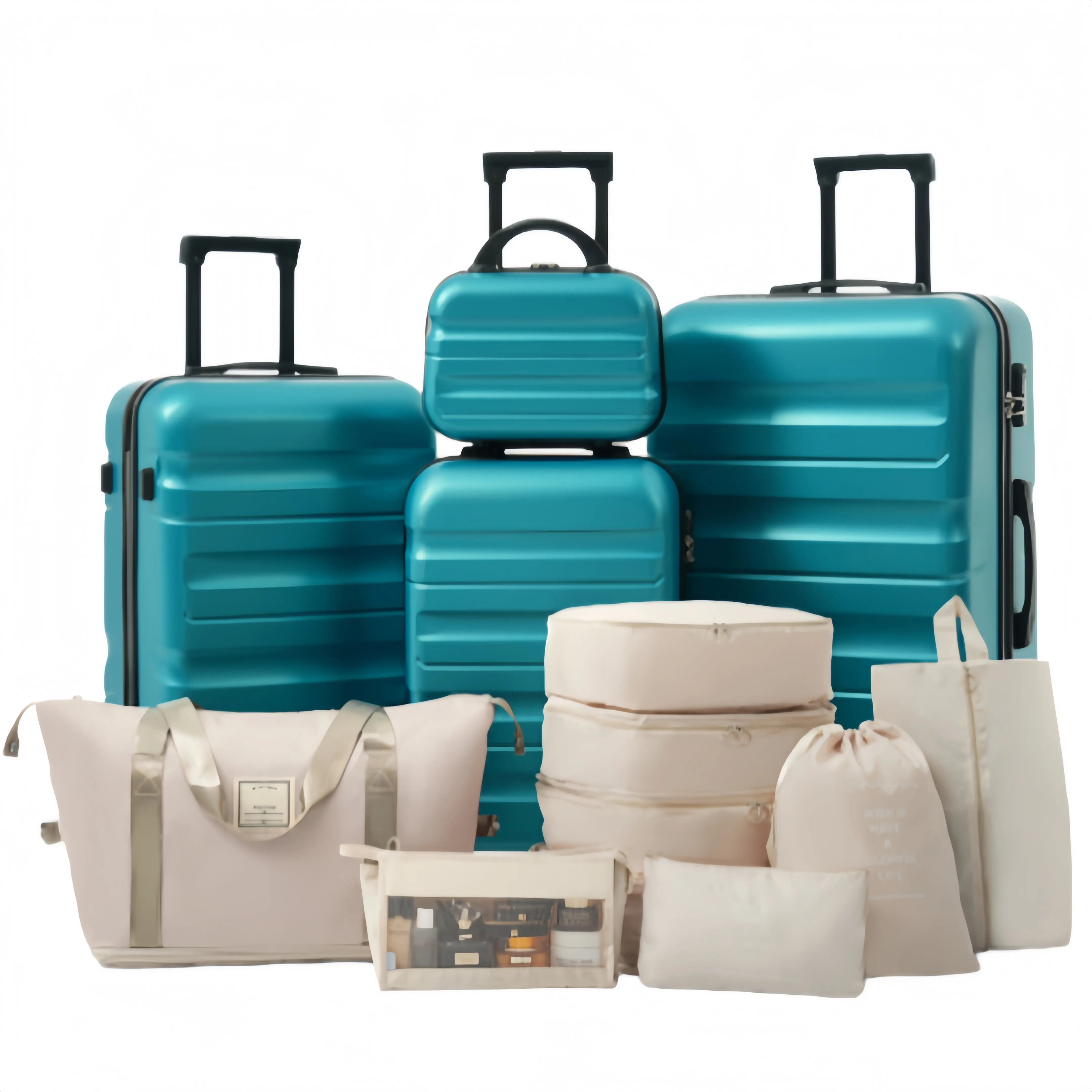 Blue 12-Piece Sturdy ABS Luggage Set, Hardshell Traveling Bags with Spinner Wheels, Includes 4 Suitcases, Foldable Luggage & Packing Cubes, Luggage Sets