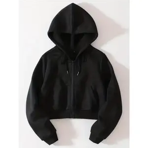 [Long Sleeve Pocket Sweatshirt Top] Solid Drawstring Zip Up Thermal Lined Crop Hoodie Sweatshirt, Long Sleeve Pocket Front Sweatshirt, Women's Tops