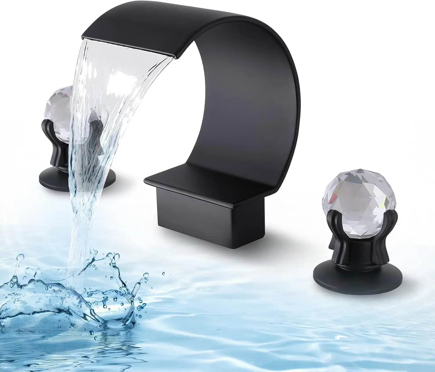 Waterfall Bathroom Faucet 3 Hole Widespread, 8-Inch High Arc Bathroom Sink Faucet with Supply Hoses, Dual Crystal Handles Vanity Mixer Tap, Modern Matte Black Faucet for Lavatory/Vanity