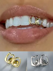 2pcs Gold and silver hollow double-heart-shaped dental braces - stylish gold-plated dental braces, suitable for both men and women, as a daily hip-hop accessory, Teeth Braces