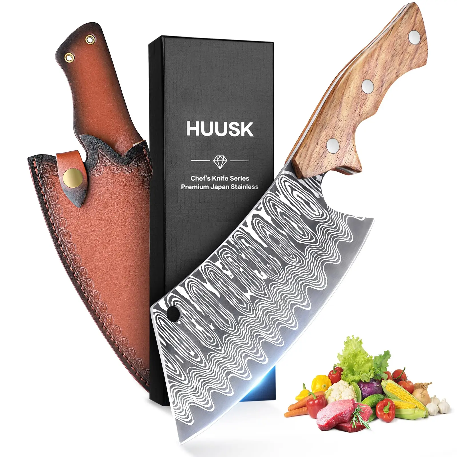 Huusk Knives Hand Forged Meat Cleaver – Japanese Knife with Sheath, Knife for Meat & Vegetables, Ideal for Kitchen, Camping, Christmas Gift