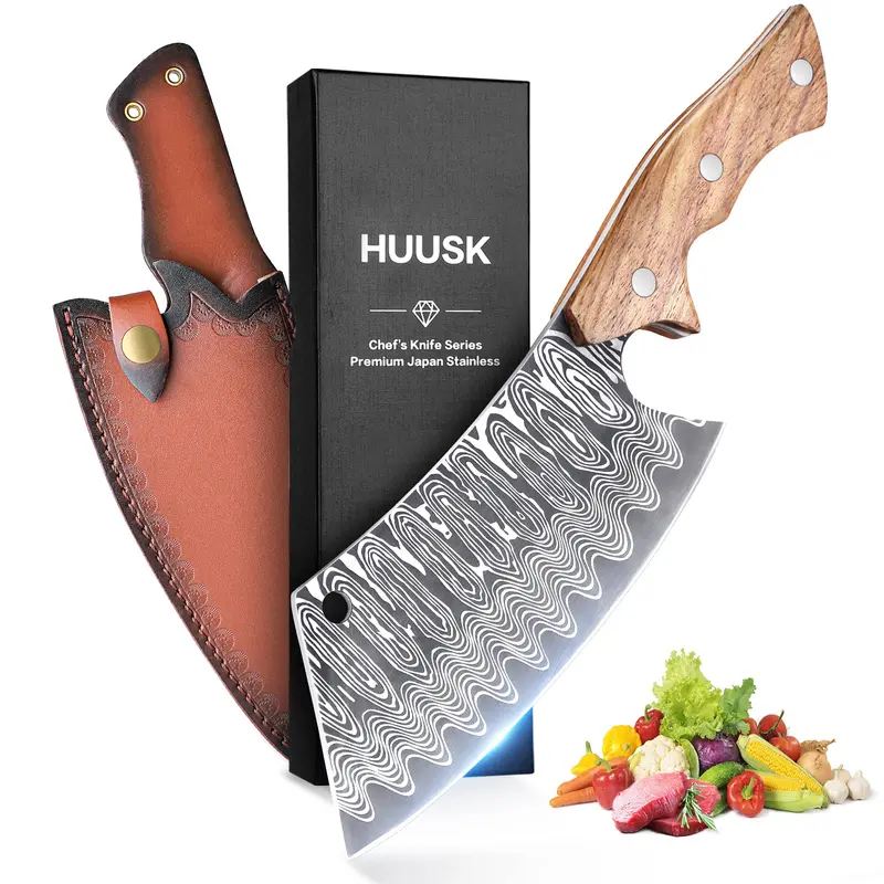 Huusk Knives Hand Forged Meat Cleaver – Japanese Knife with Sheath, Knife for Meat & Vegetables, Ideal for Kitchen, Camping, Christmas Gift