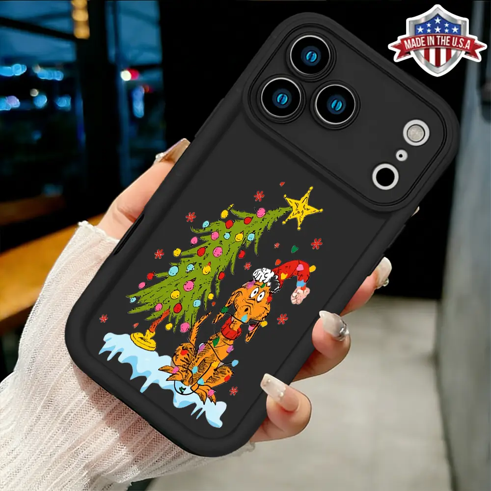 Cute Grinch Christmas Tree Cartoon Aesthetic TPU Phone Case for iPhone 17,16,15,14 Pro Max,13,12,11,XR,XS Plus,Air - Slim,Shockproof,Anti-Drop,Waterproof,Scratch Resistant,Full Body Protector Cover